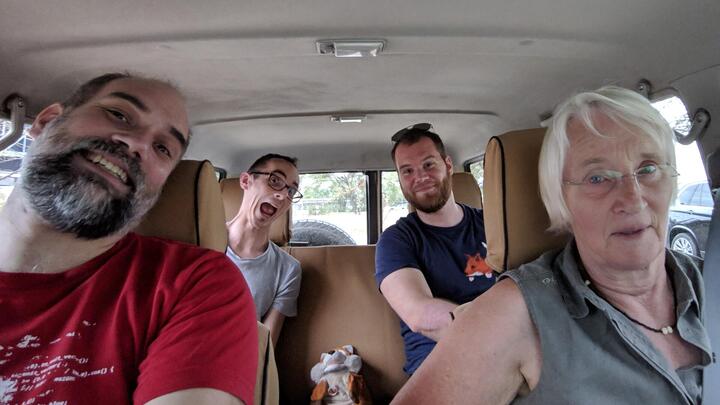 In-car selfie to Lobatse with Florian, Jan-Erik and Sibylle
